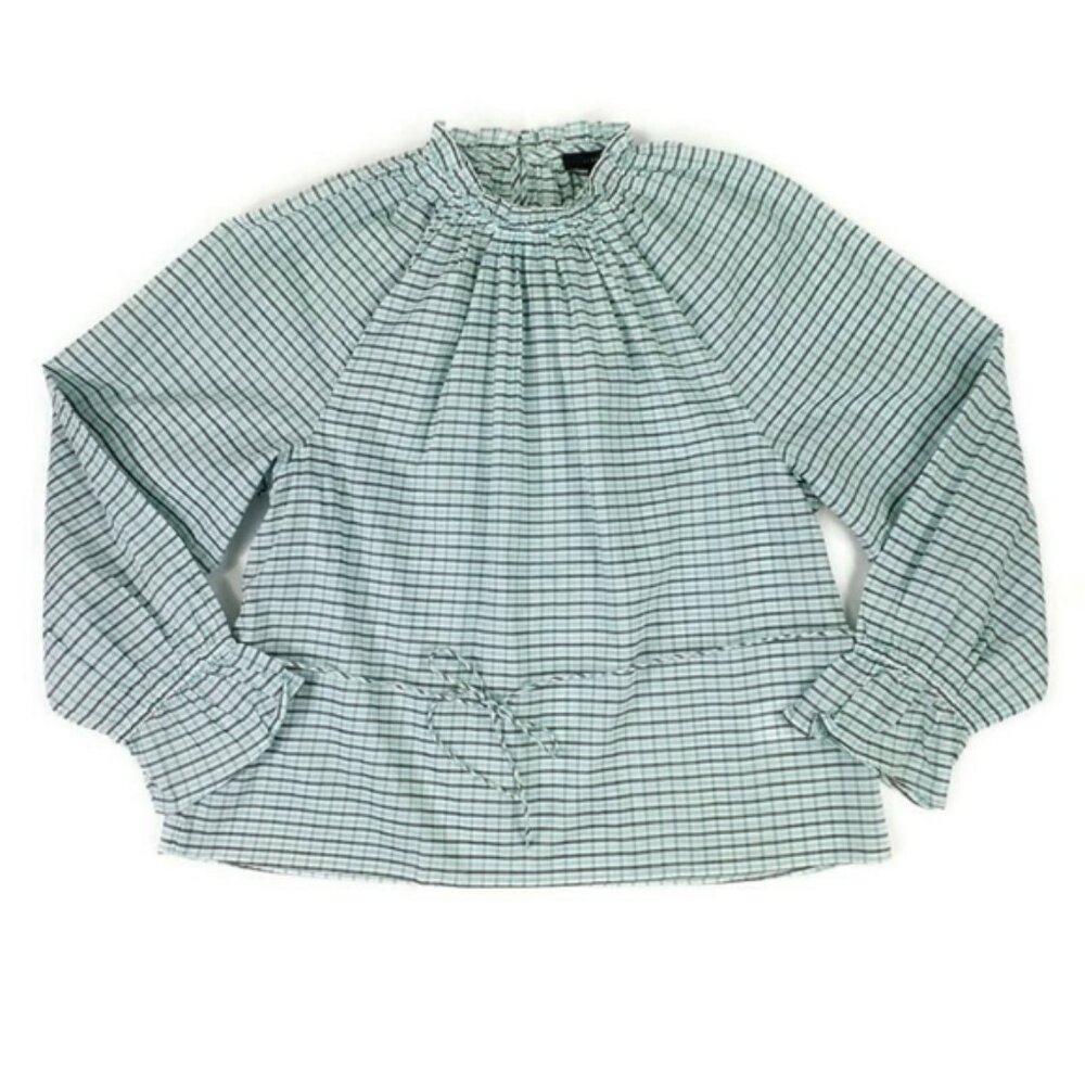 J. Crew BB277 Aqua Plaid Ruffled Neckline Long Sleeve Belted Top Women Small NWT
